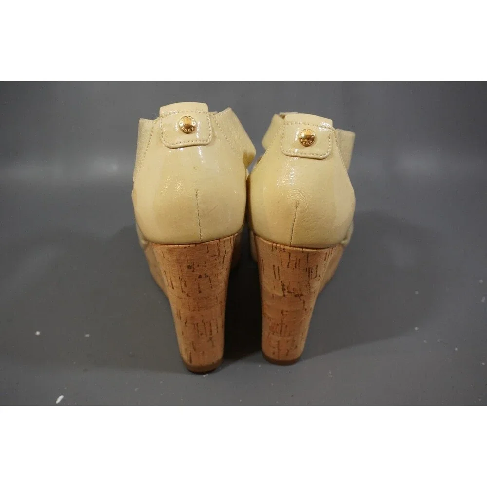 Michael Kors Damita 9.5M Tan Leather Cork Wedge Espadrille T-Strap Sandals Logo